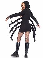 Spider (woman), costume dress, long sleeves, hood, front zipper, spider legs